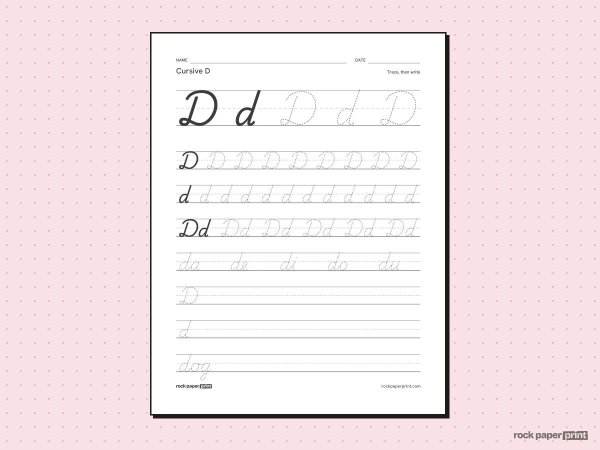 Cursive D, black lines, printable PDF preview
