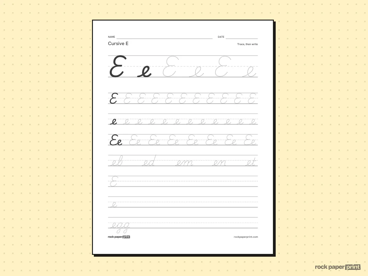Cursive E, black lines, printable PDF preview