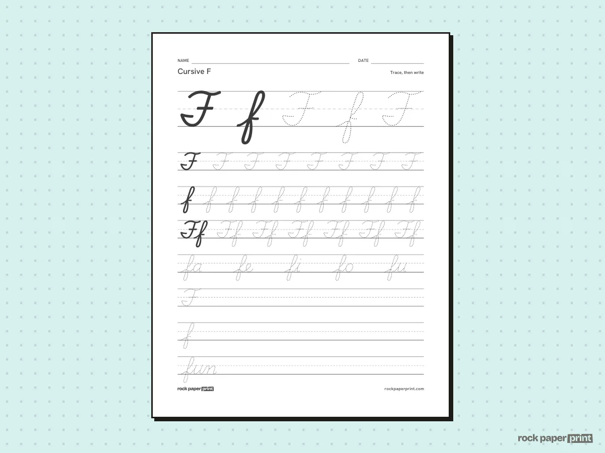 Cursive F, black lines, printable PDF preview