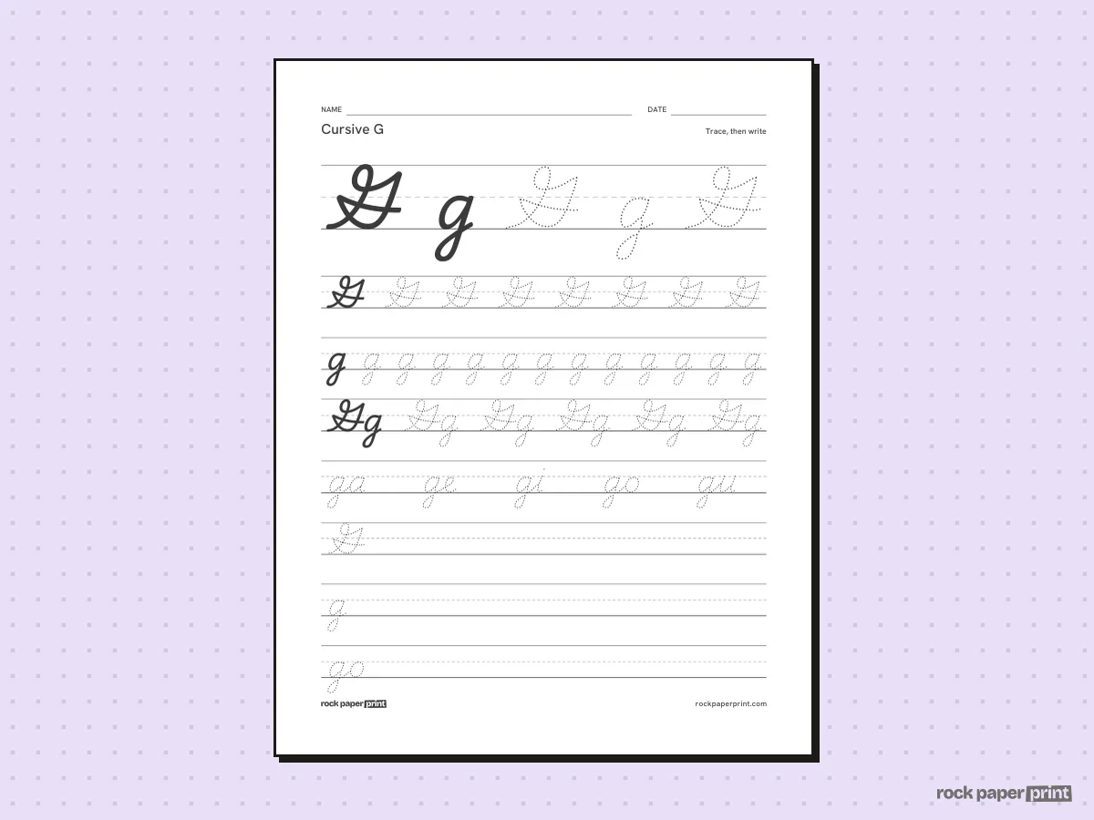 Cursive G, black lines, printable PDF preview