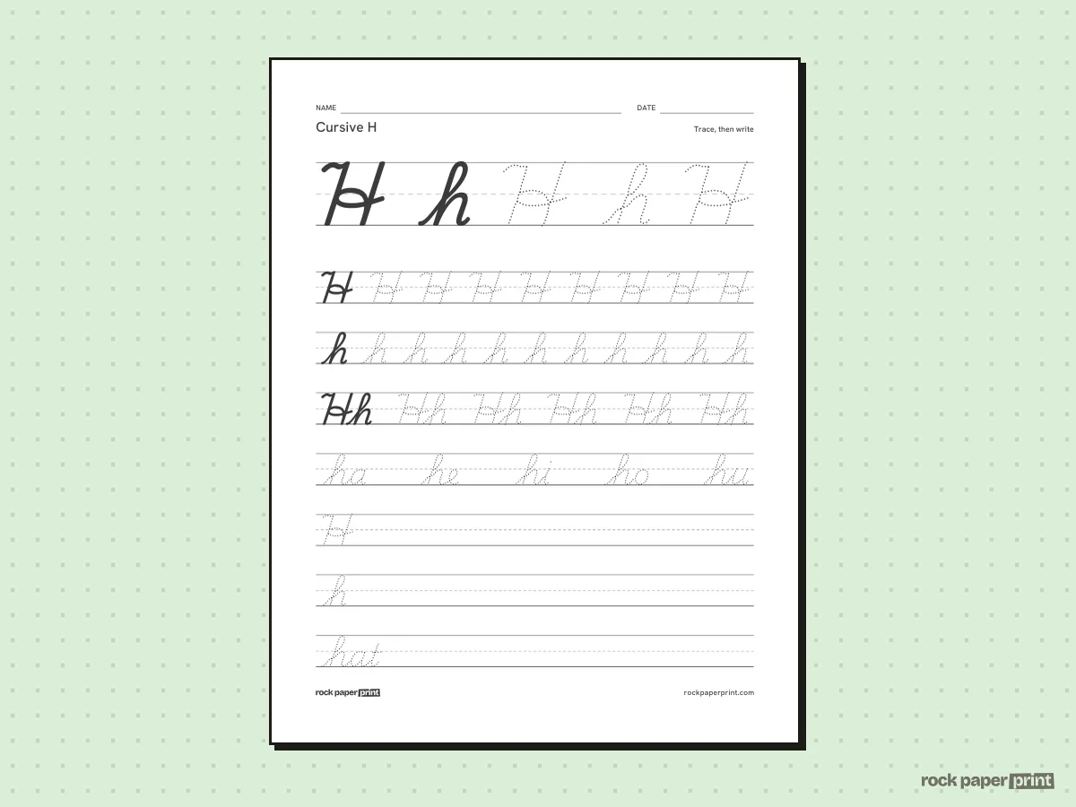 Cursive H, black lines, printable PDF preview
