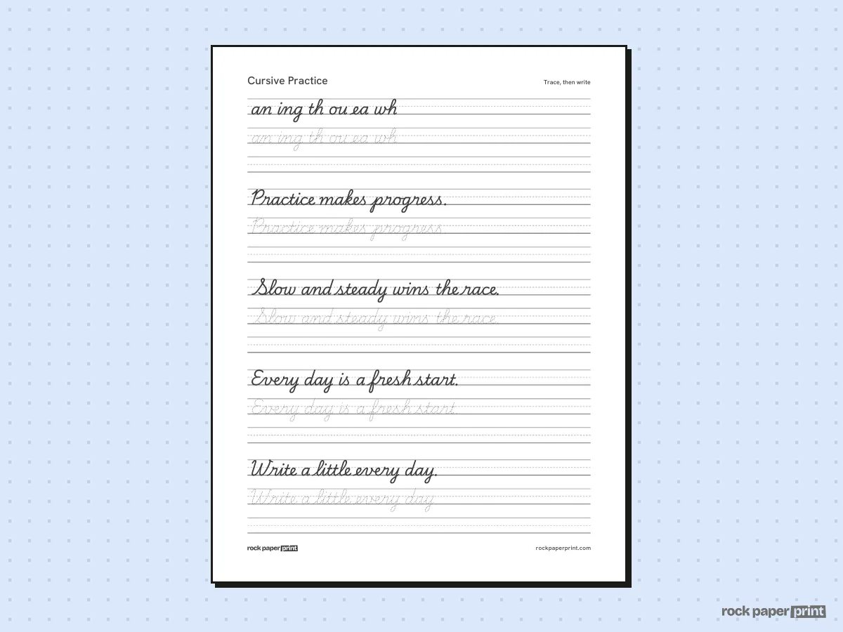 Cursive Handwriting Practice for Adults, black lines, printable PDF preview