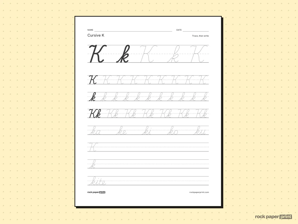 Cursive K, black lines, printable PDF preview