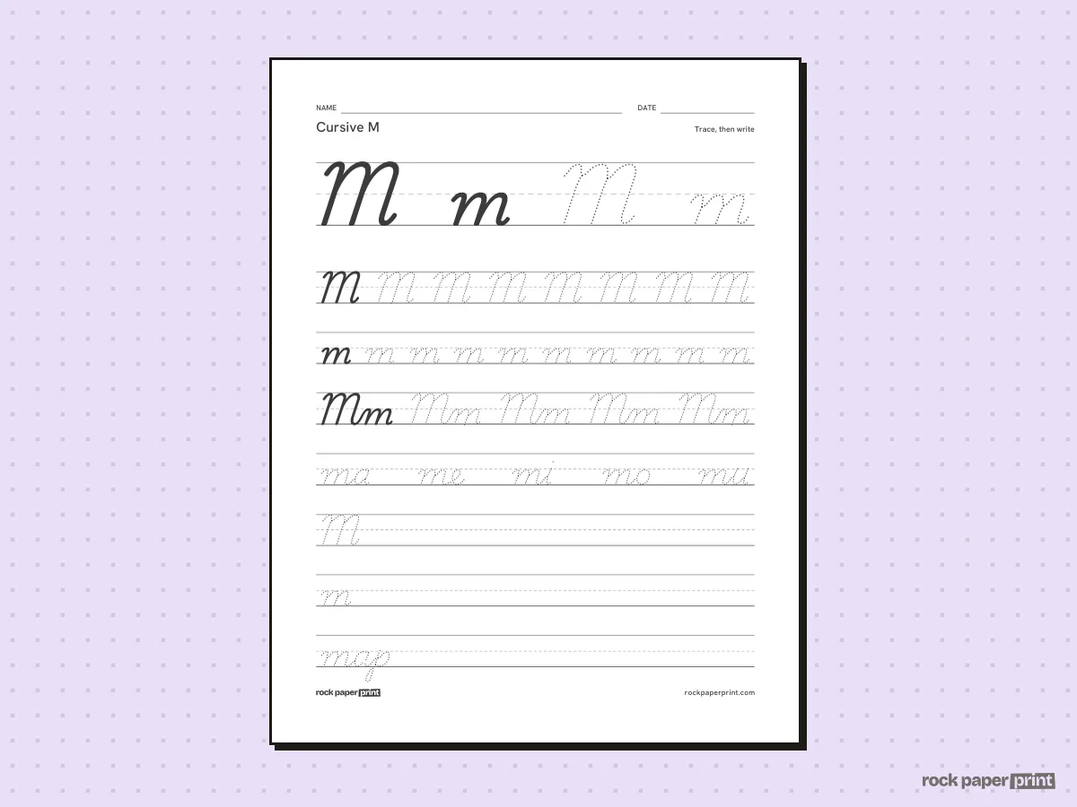 Cursive M, black lines, printable PDF preview