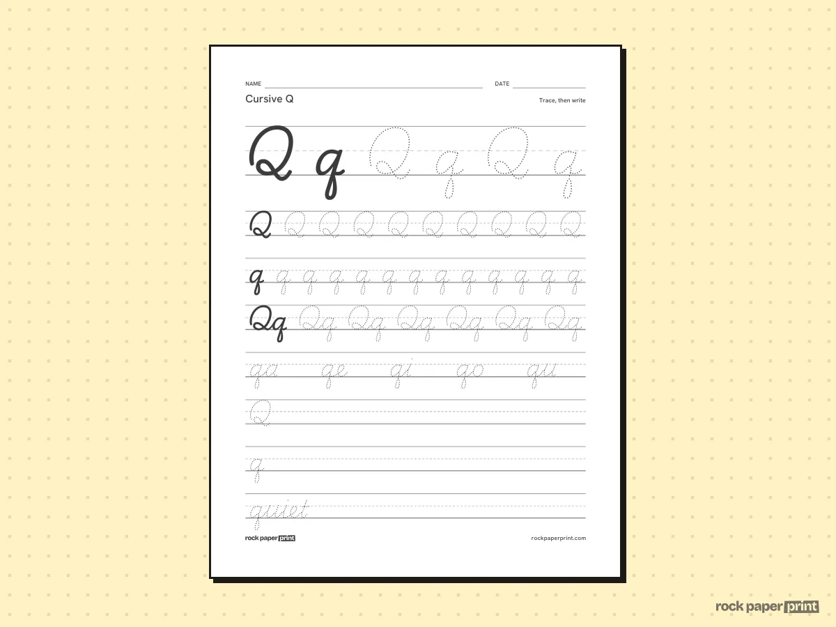 Cursive Q, black lines, printable PDF preview