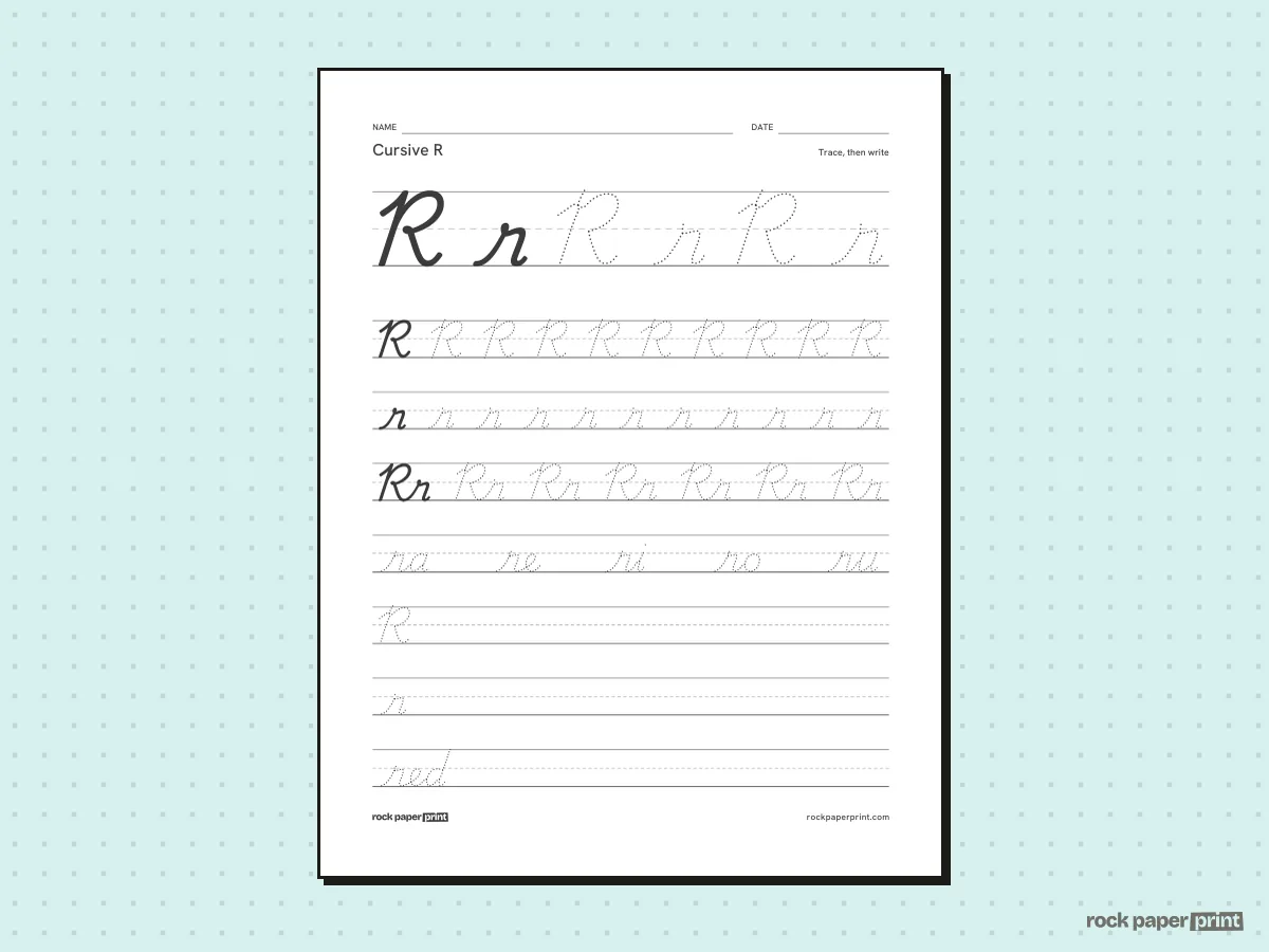 Cursive R, black lines, printable PDF preview