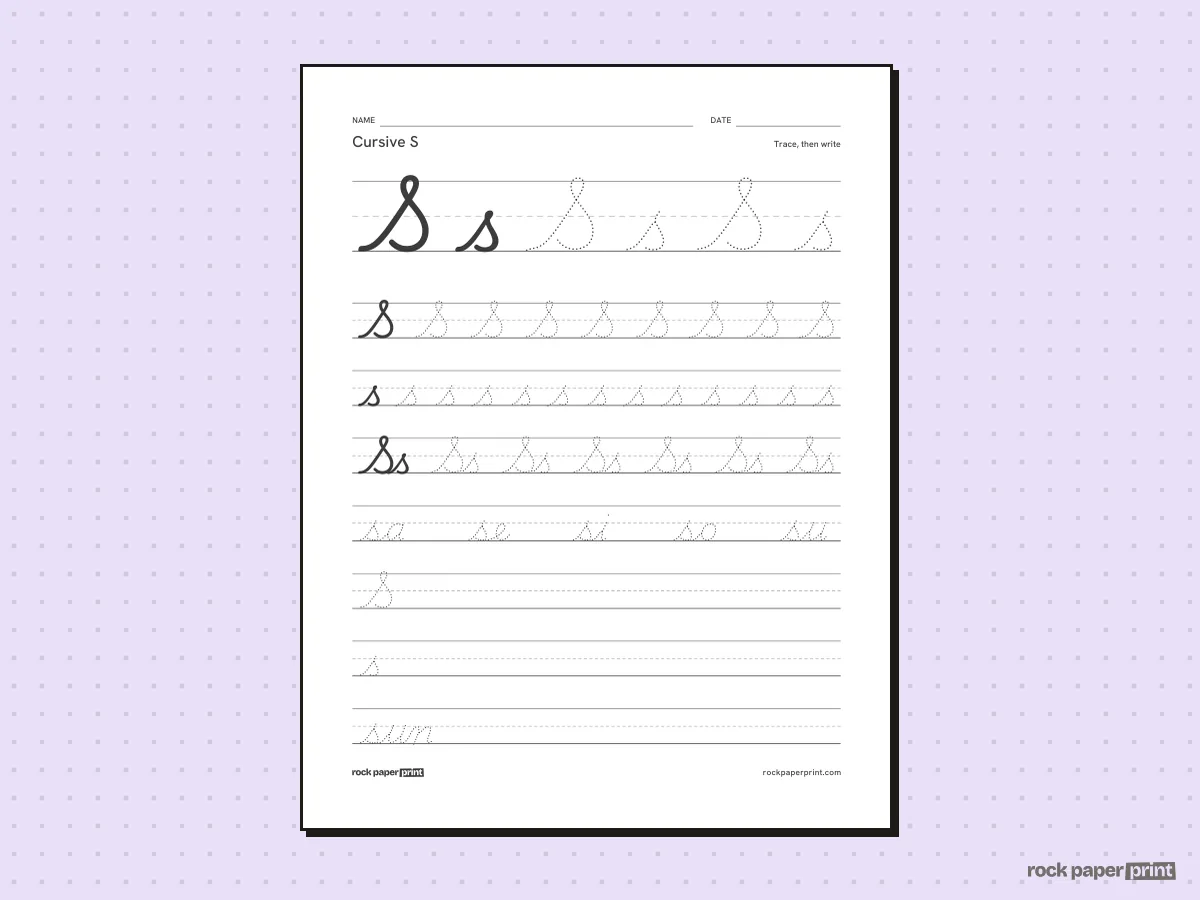 Cursive S, black lines, printable PDF preview