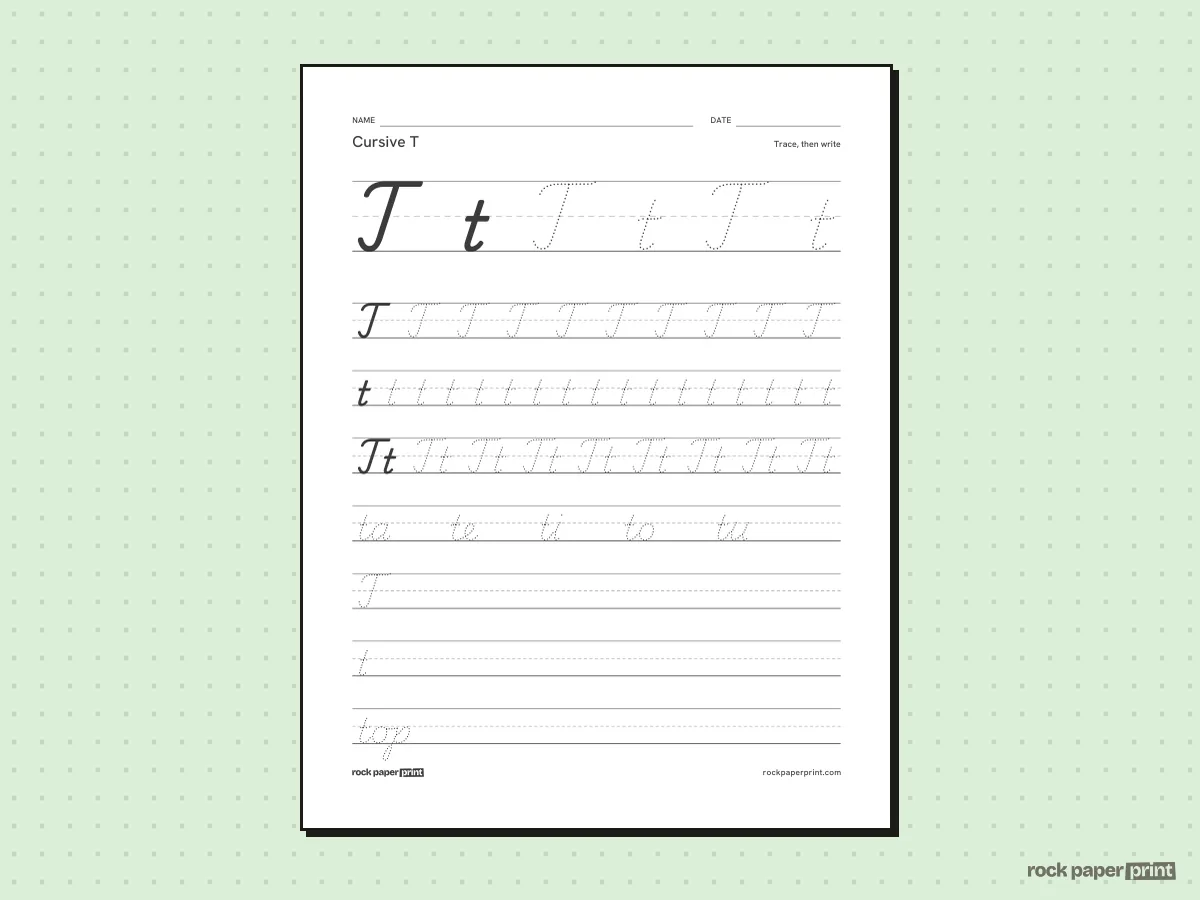 Cursive T, black lines, printable PDF preview