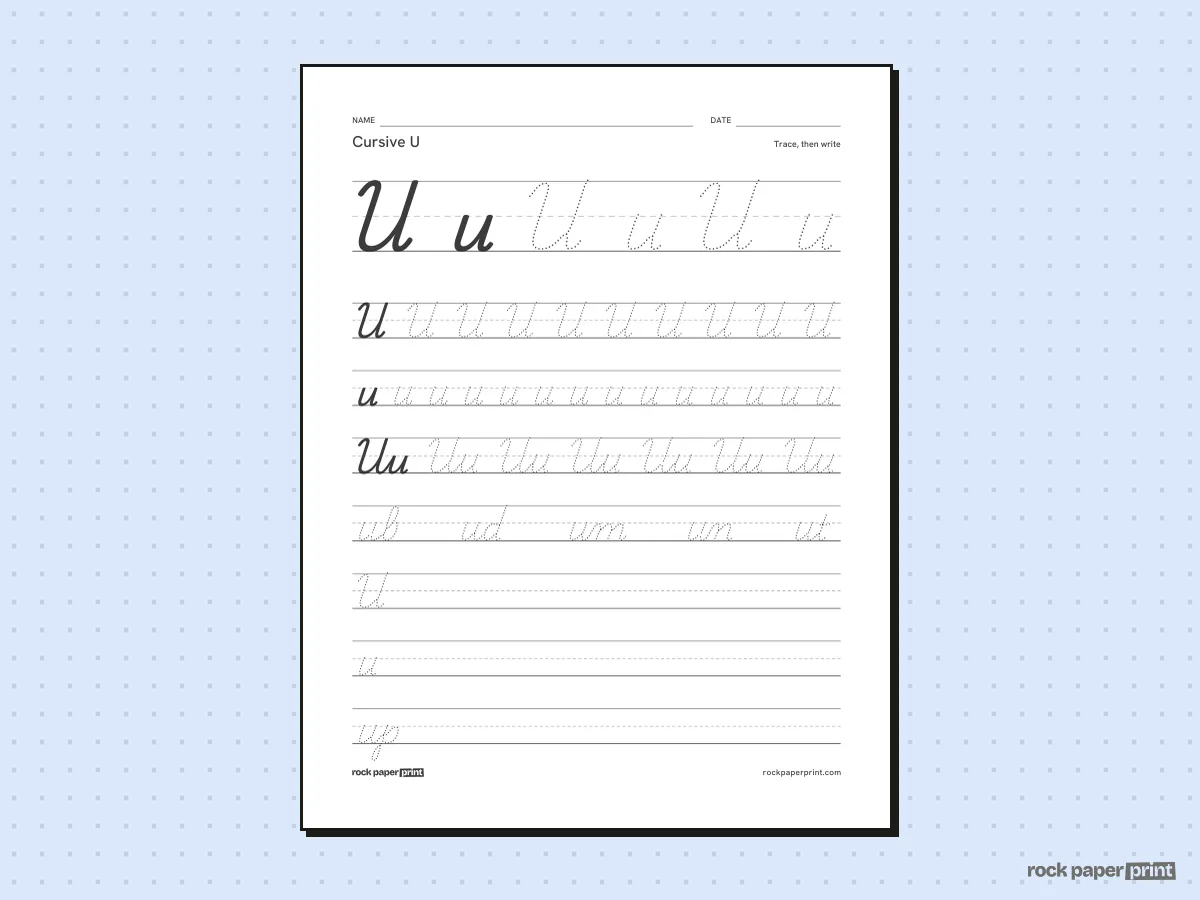 Cursive U, black lines, printable PDF preview
