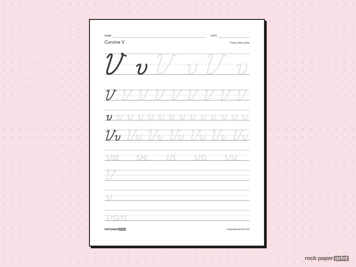 Cursive V, black lines, printable PDF preview
