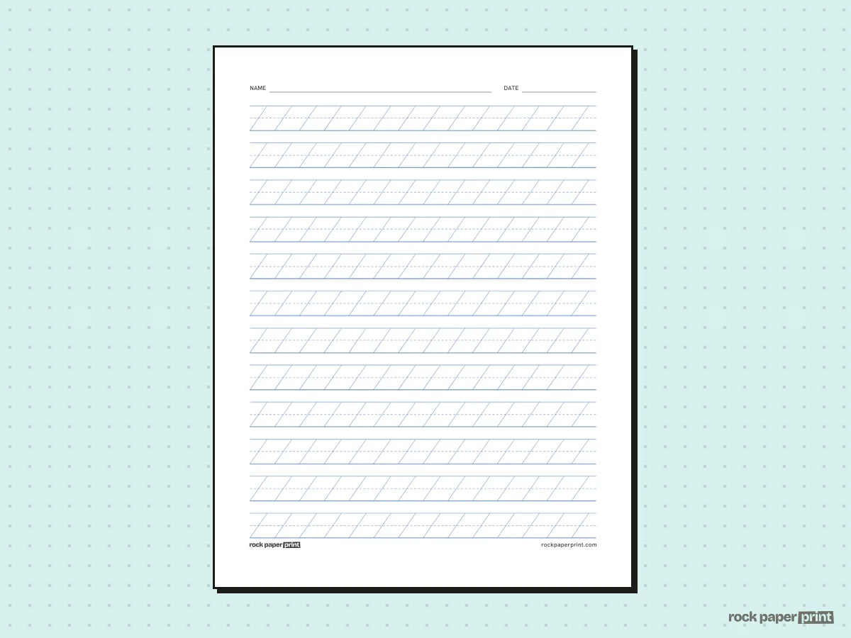 Cursive Writing Paper, classic blue lines, printable PDF preview