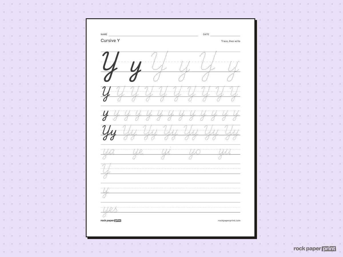 Cursive Y, black lines, printable PDF preview
