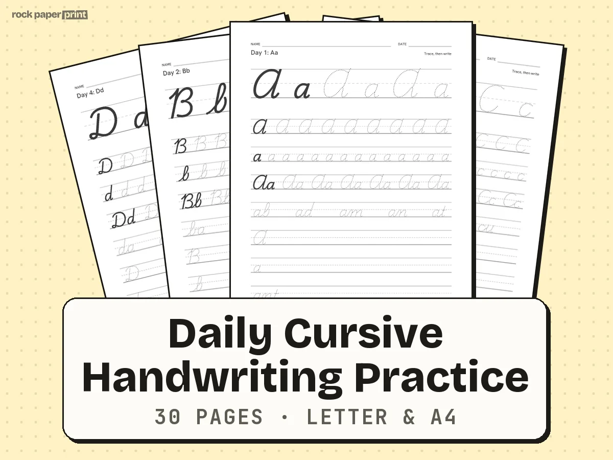 Daily Cursive Handwriting Practice, black lines, printable PDF preview
