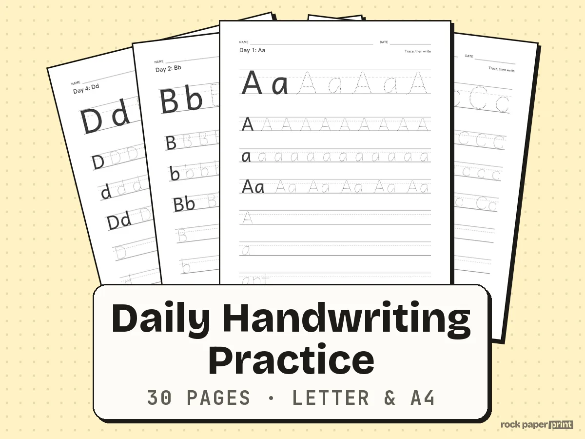 Daily Handwriting Practice, black lines, printable PDF preview