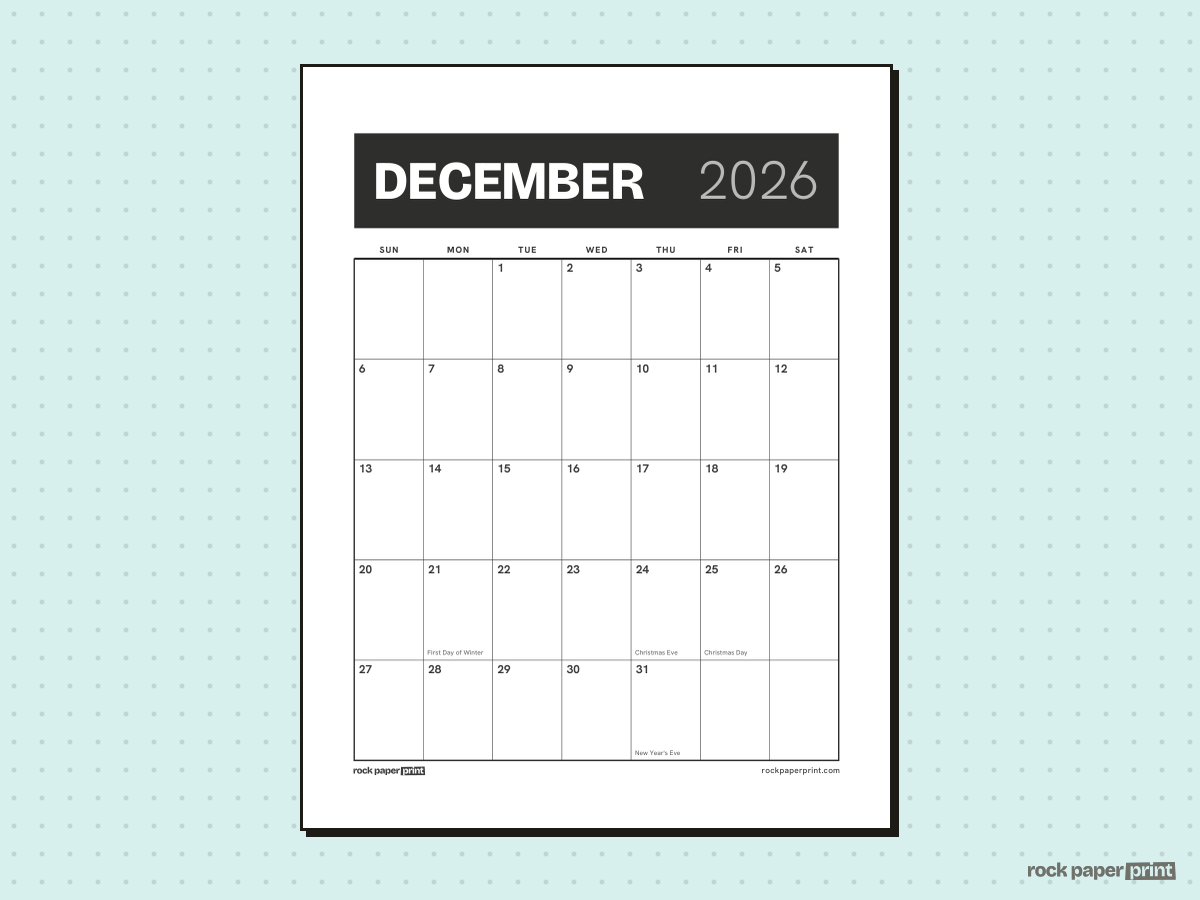 December 2026 Calendar, Bold header, printable PDF preview