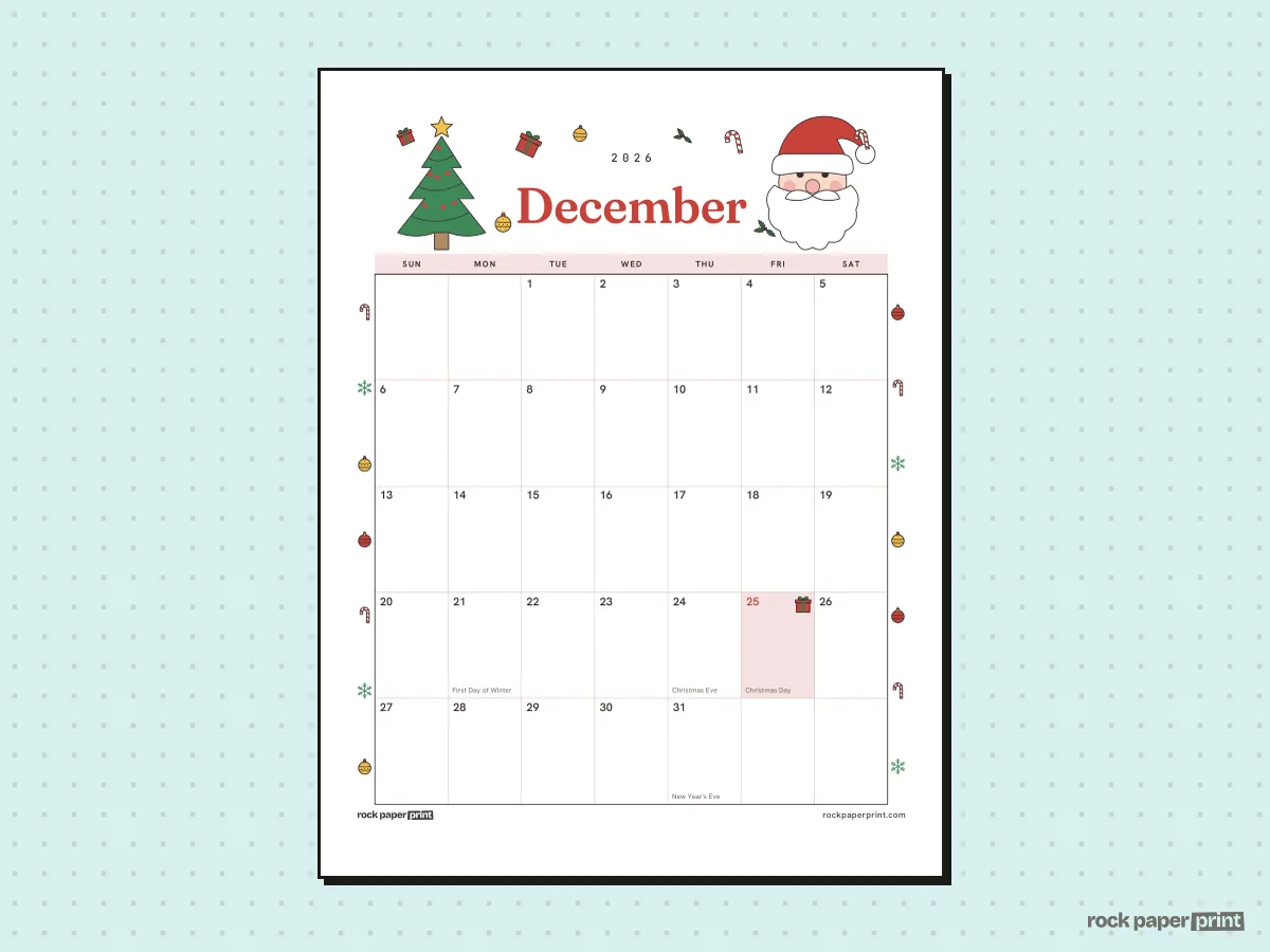 December 2026 Calendar, Christmas, printable PDF preview
