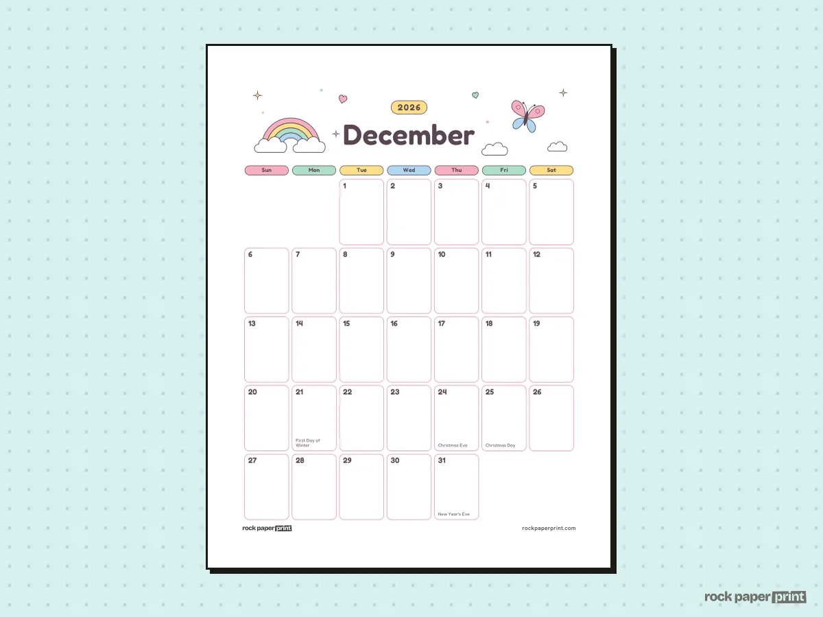 December 2026 Calendar, Cute, printable PDF preview