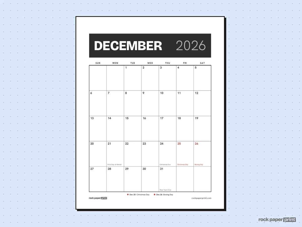 December 2026 Calendar with Canadian Holidays, Bold header, printable PDF preview