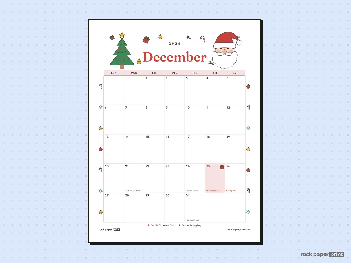 December 2026 Calendar with Canadian Holidays, Christmas, printable PDF preview