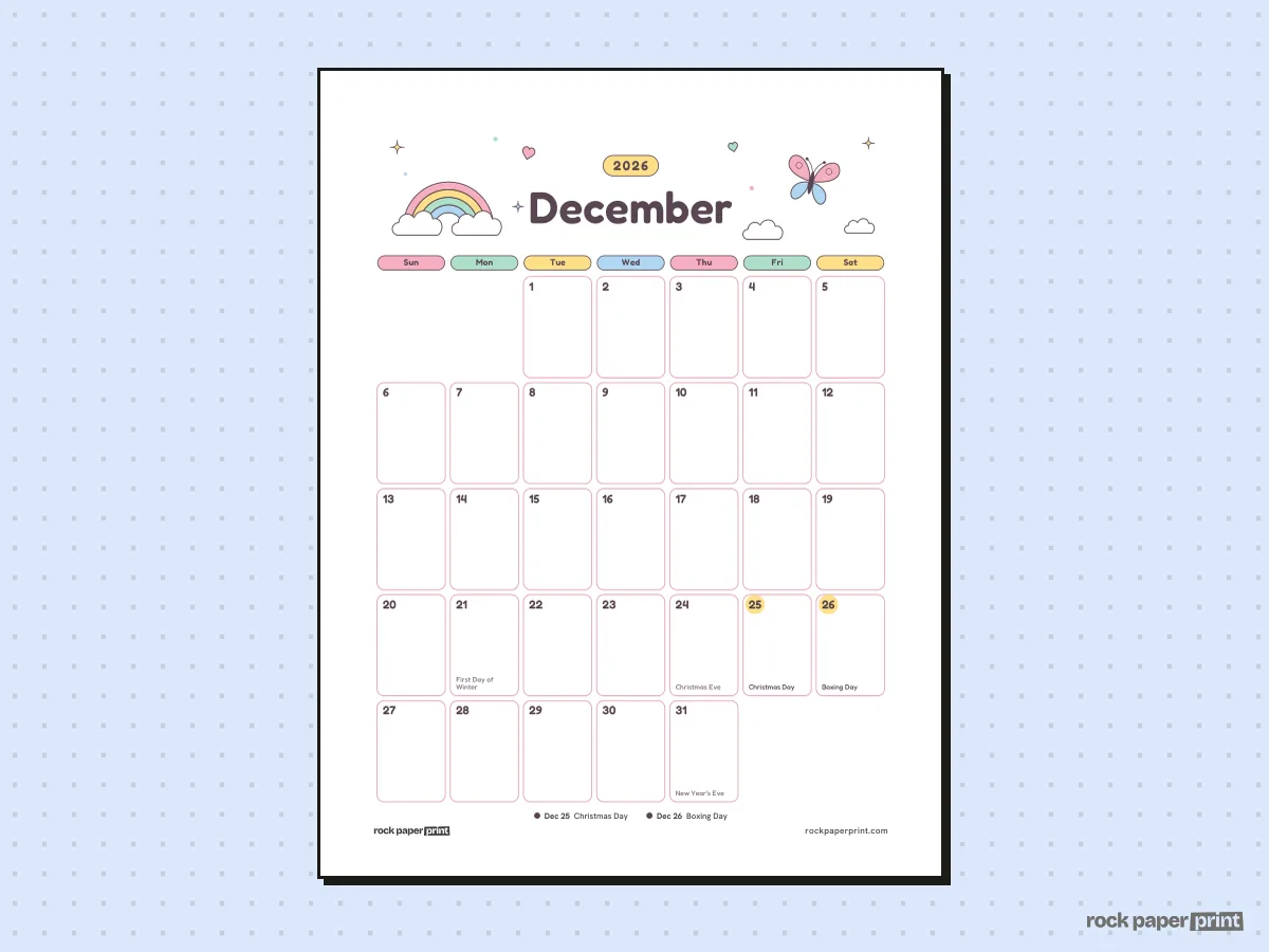 December 2026 Calendar with Canadian Holidays, Cute, printable PDF preview