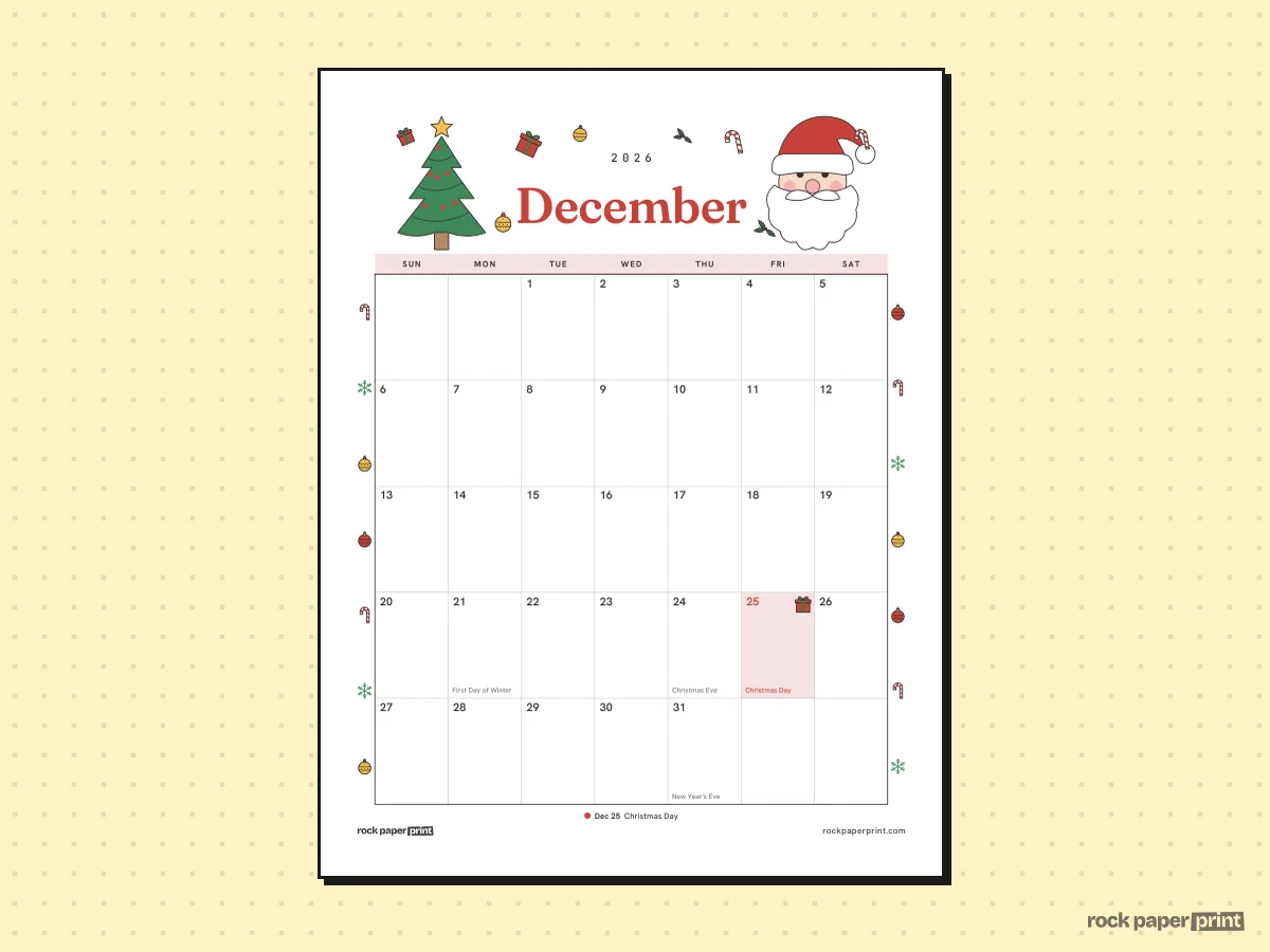 December 2026 Calendar with Holidays, Christmas, printable PDF preview