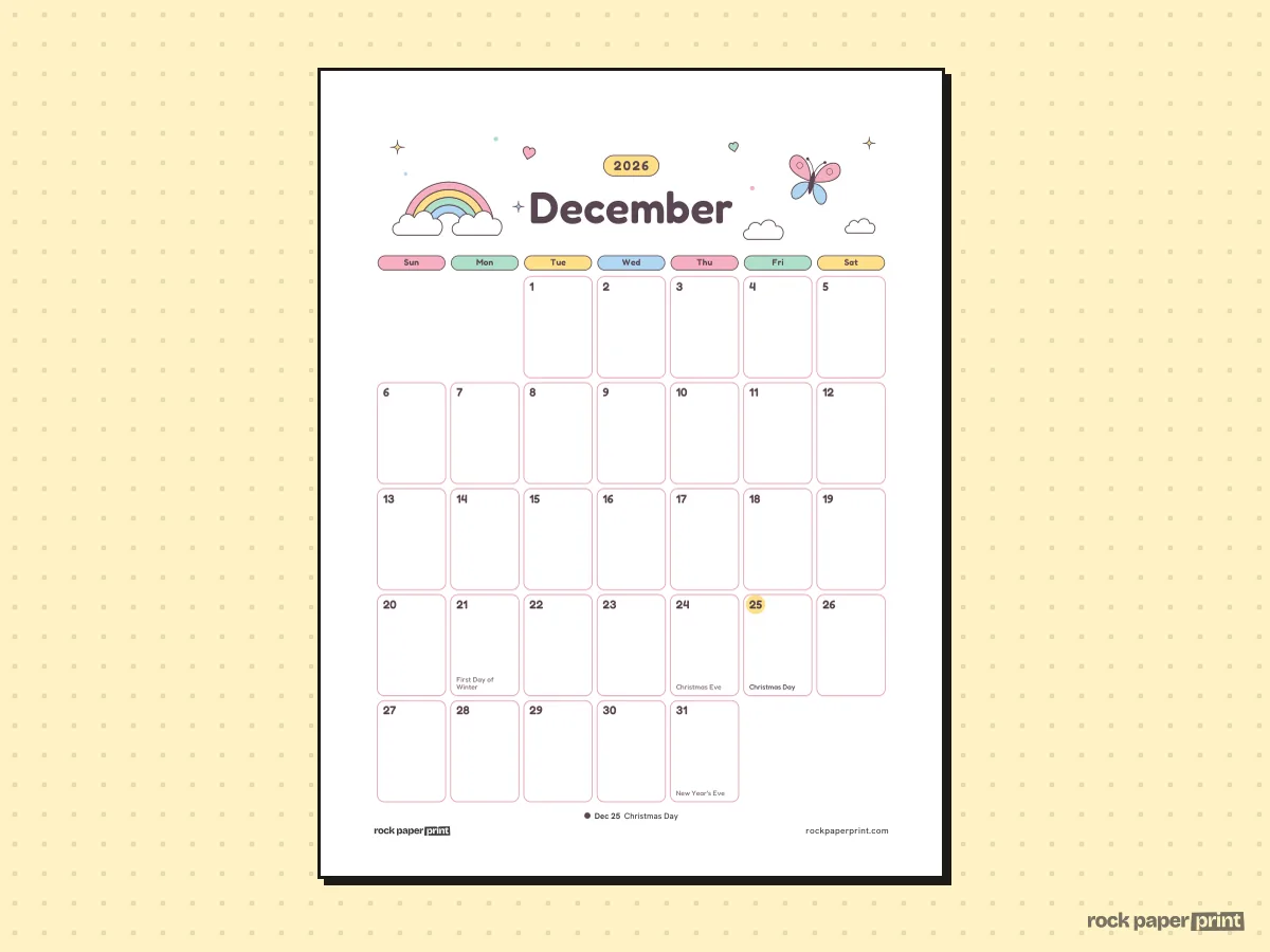 December 2026 Calendar with Holidays, Cute, printable PDF preview