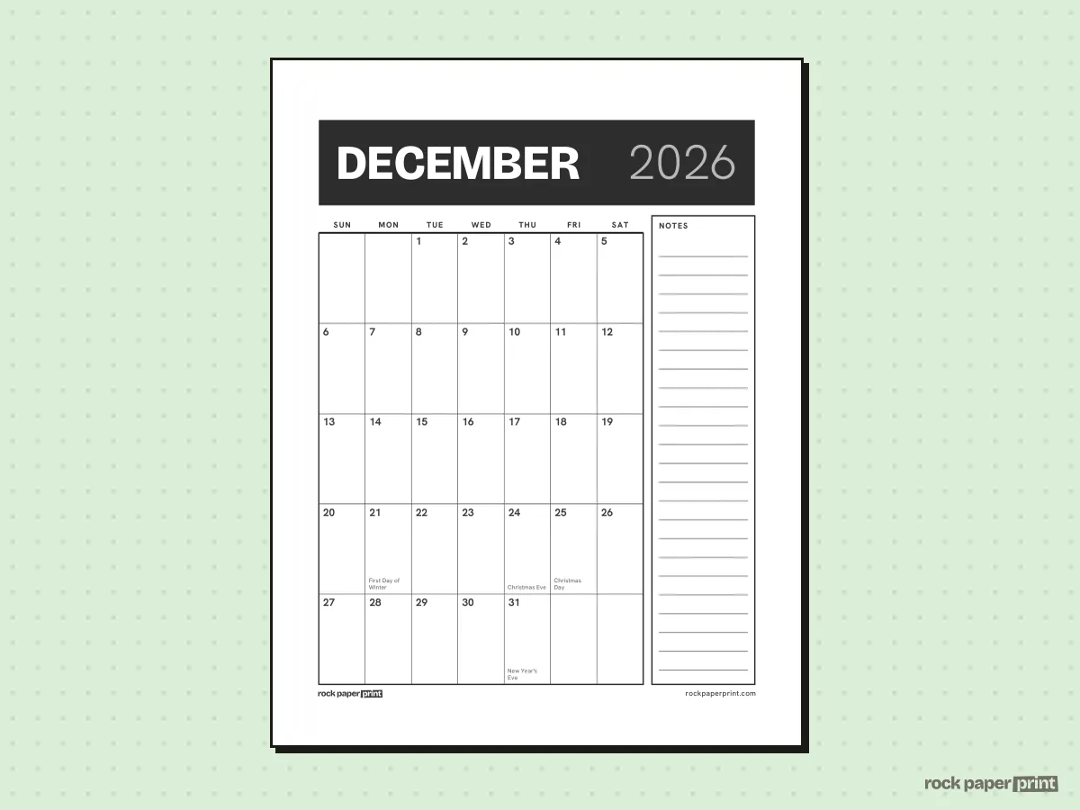 December 2026 Calendar with Notes, Bold header, printable PDF preview