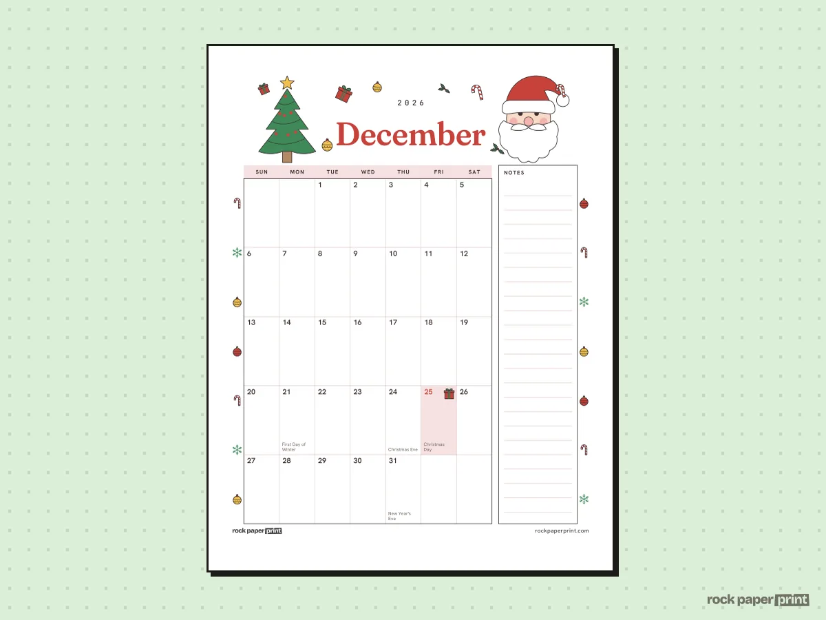 December 2026 Calendar with Notes, Christmas, printable PDF preview