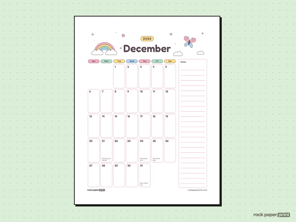 December 2026 Calendar with Notes, Cute, printable PDF preview
