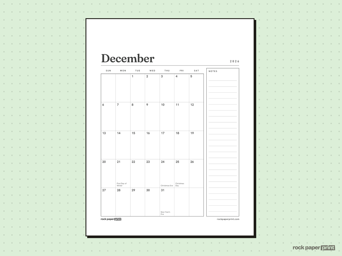 December 2026 Calendar with Notes, Plain, printable PDF preview