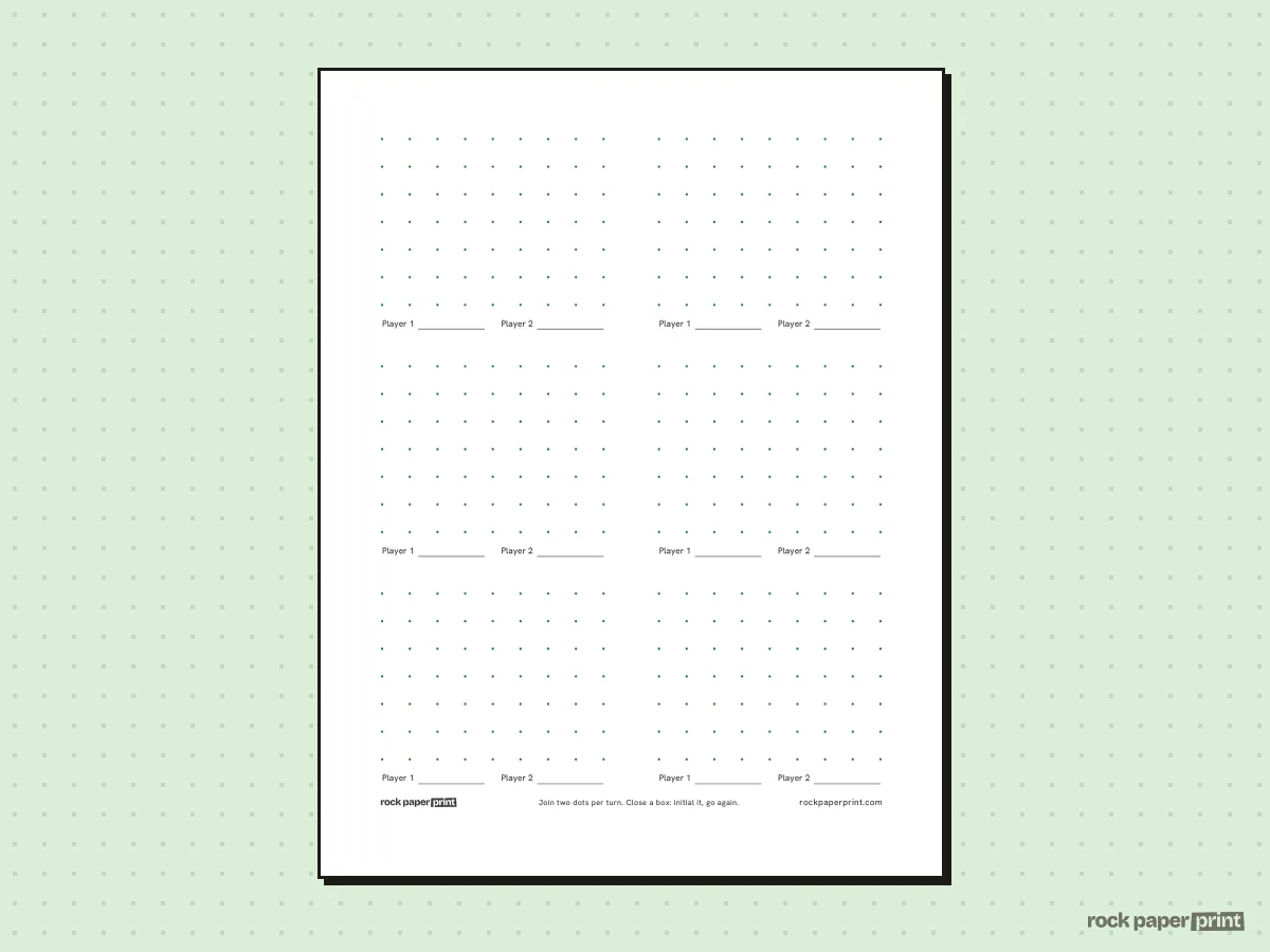 Dots and Boxes Game Sheet, green lines, printable PDF preview