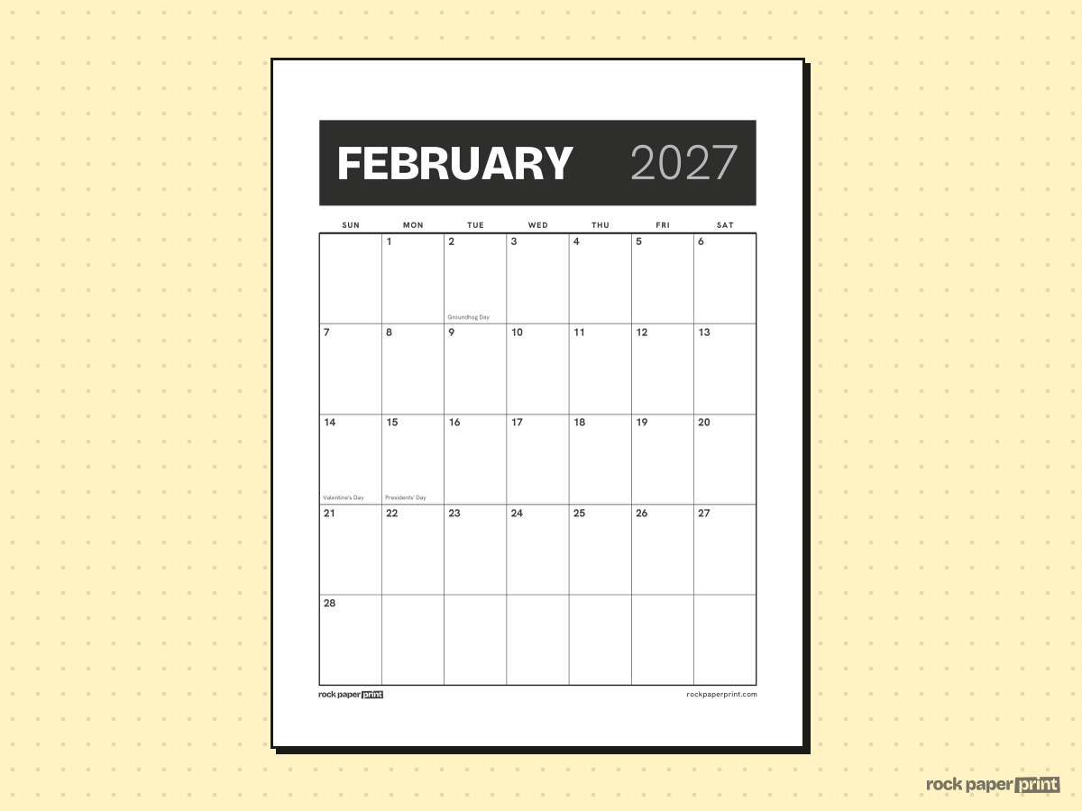 February 2027 Calendar, Bold header, printable PDF preview
