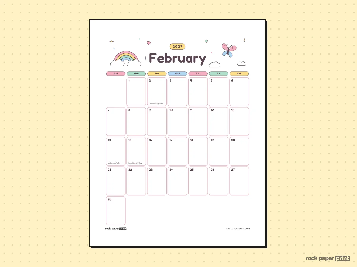 February 2027 Calendar, Cute, printable PDF preview