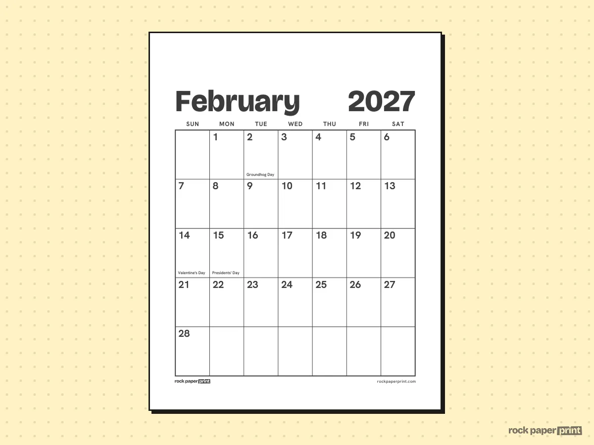 February 2027 Calendar, Large print, printable PDF preview