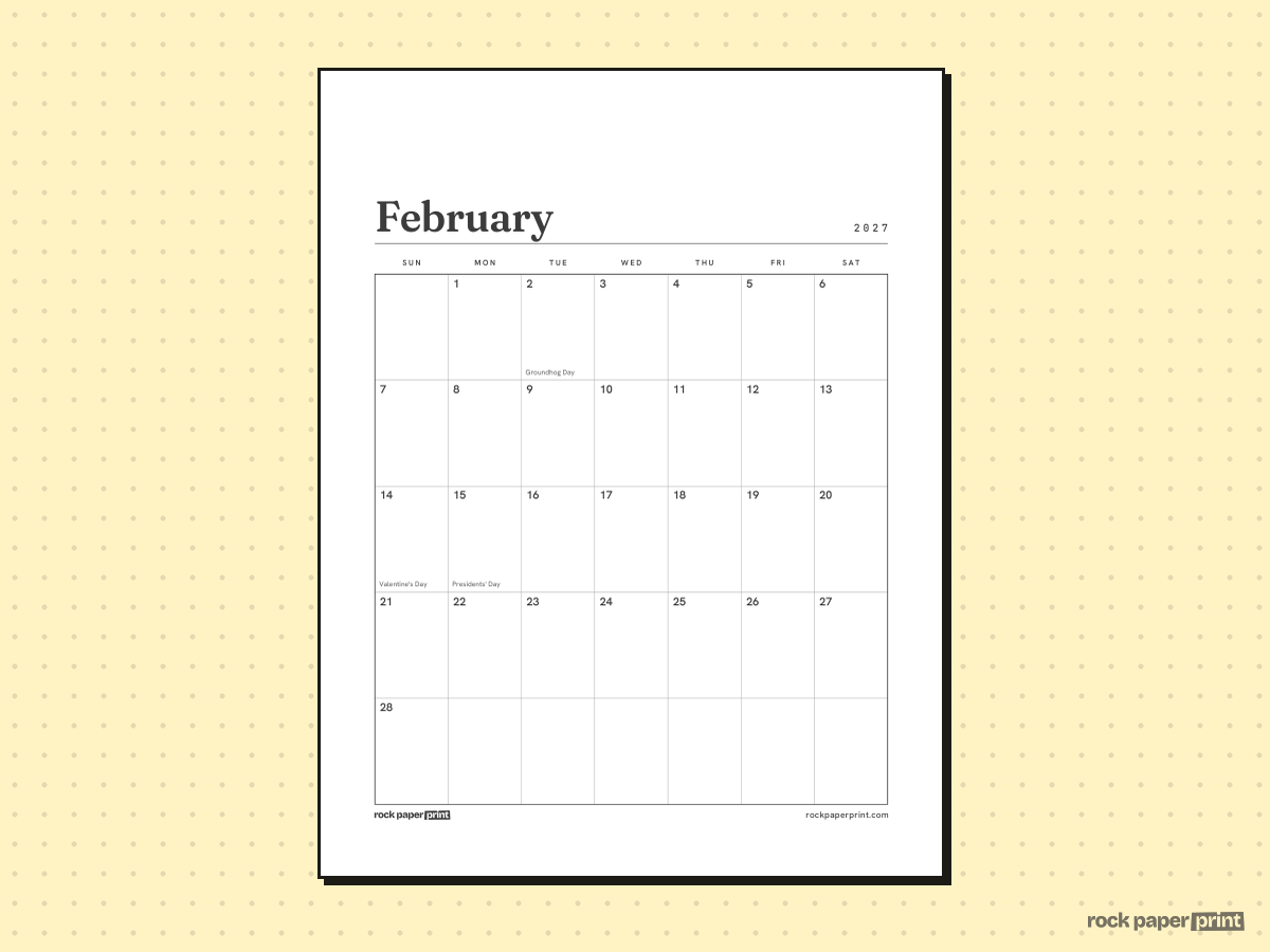February 2027 Calendar, Plain, printable PDF preview