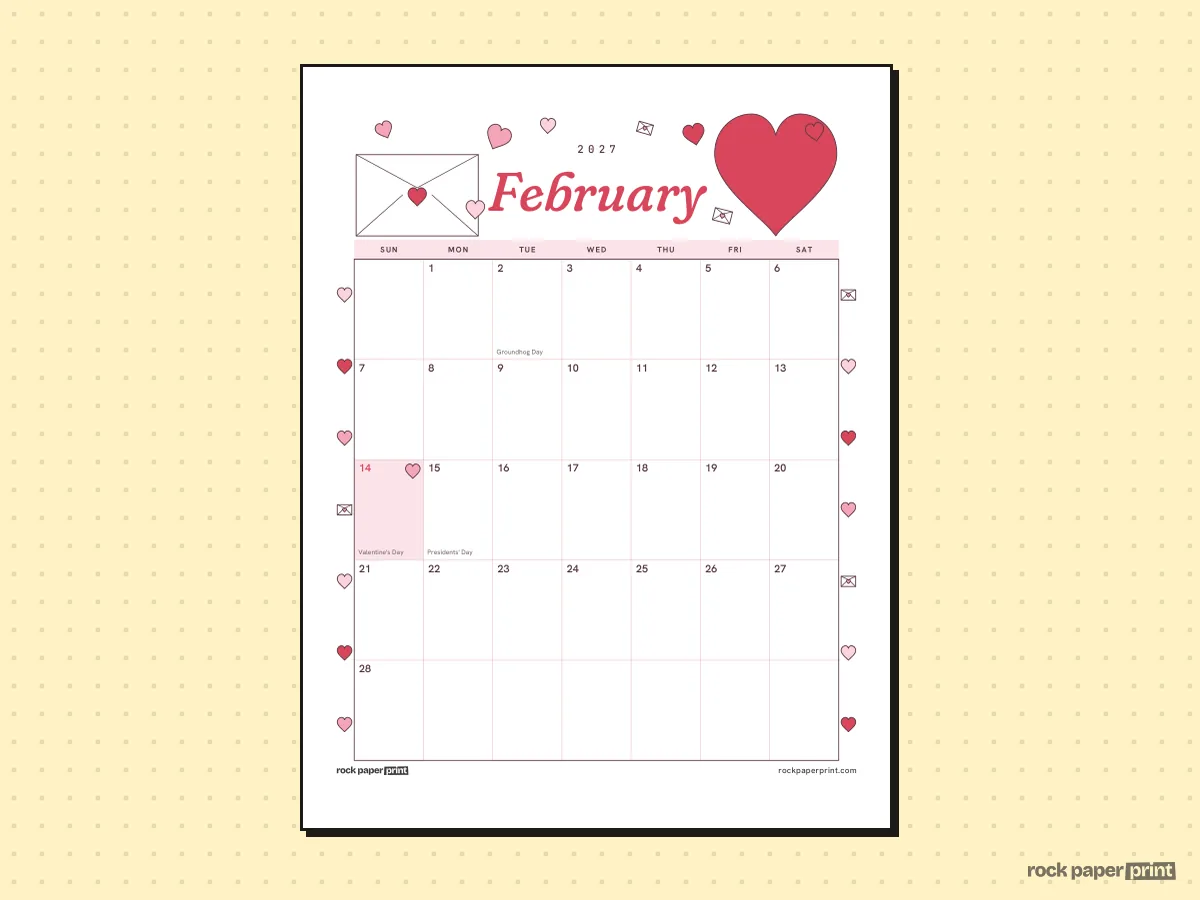 February 2027 Calendar, Valentine's Day, printable PDF preview