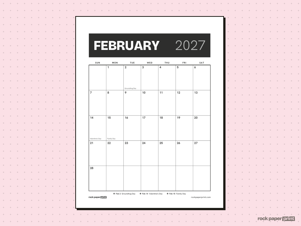 February 2027 Calendar with Canadian Holidays, Bold header, printable PDF preview