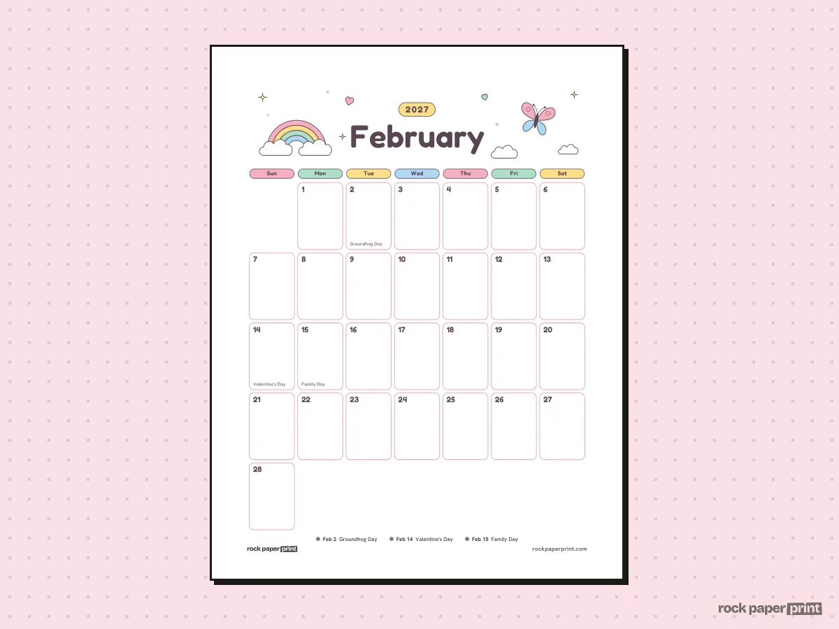 February 2027 Calendar with Canadian Holidays, Cute, printable PDF preview