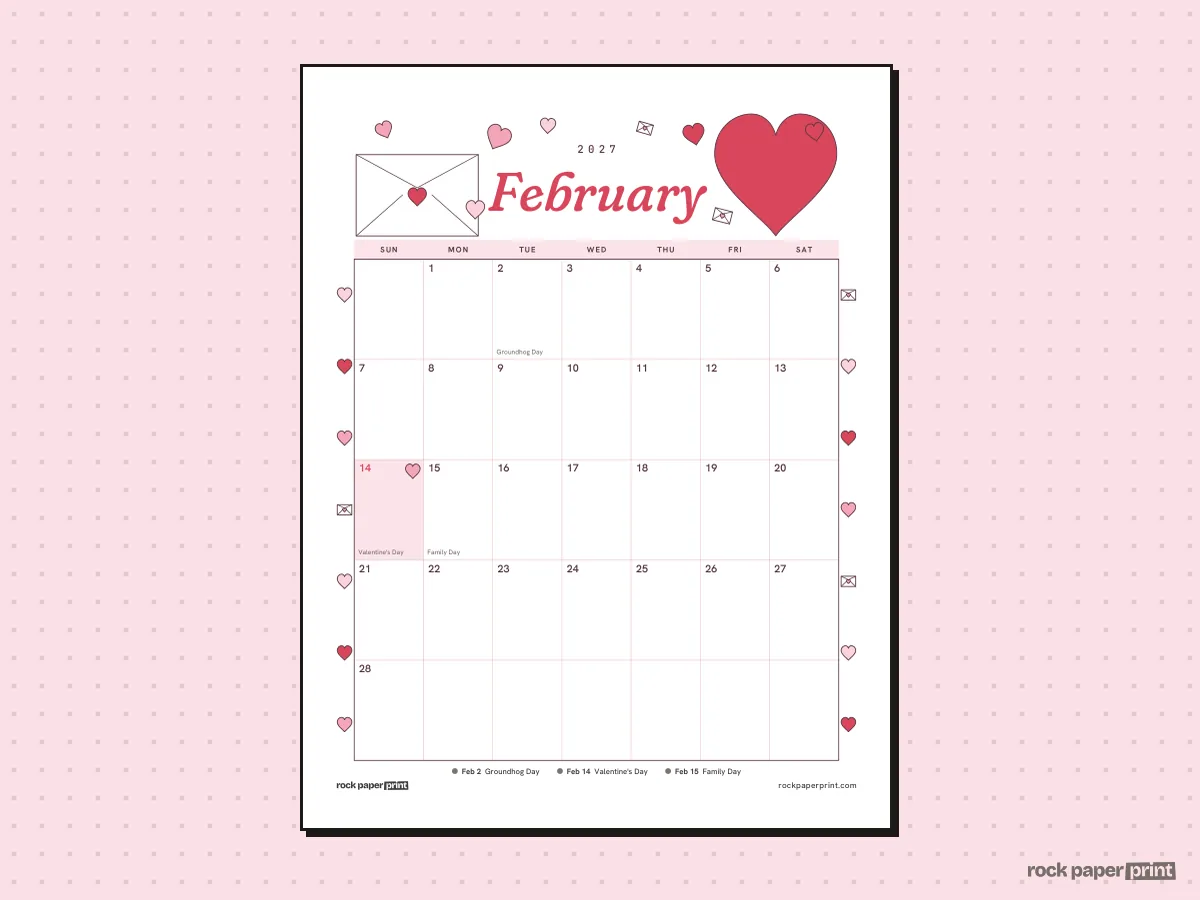 February 2027 Calendar with Canadian Holidays, Valentine's Day, printable PDF preview