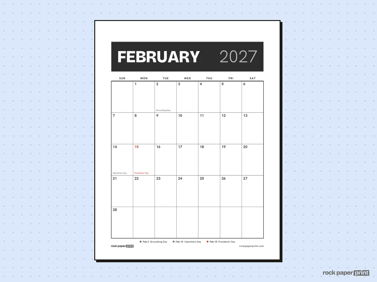 February 2027 Calendar with Holidays, Bold header, printable PDF preview
