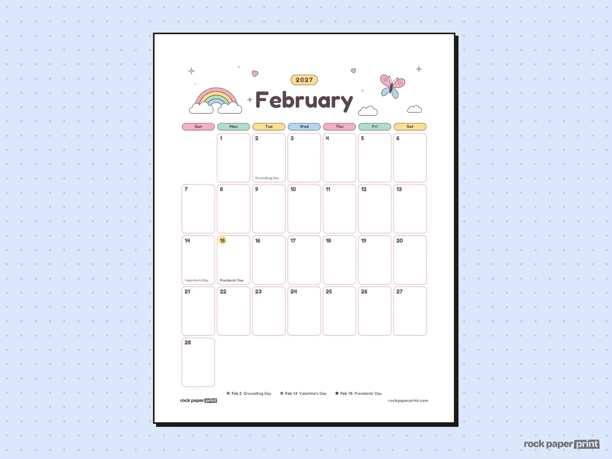 February 2027 Calendar with Holidays, Cute, printable PDF preview