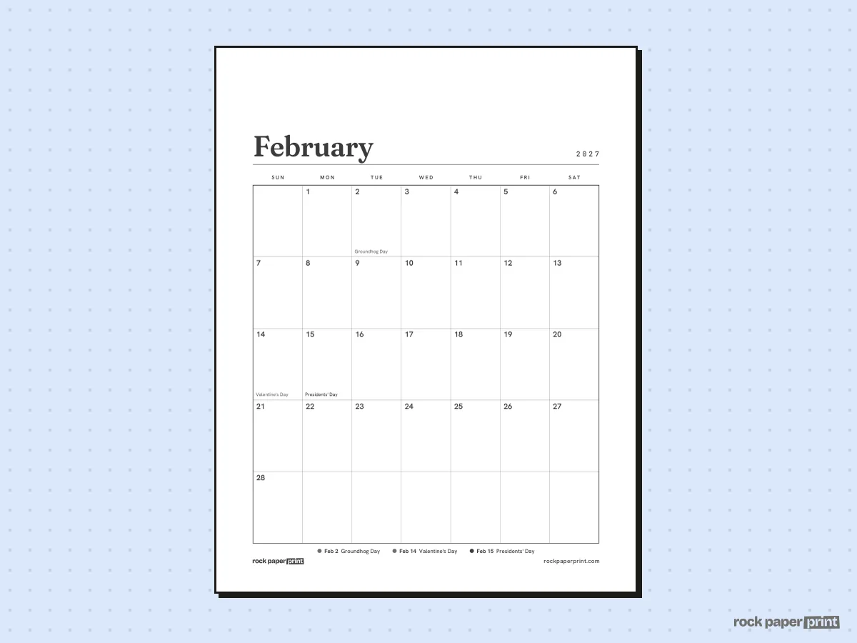 February 2027 Calendar with Holidays, Plain, printable PDF preview