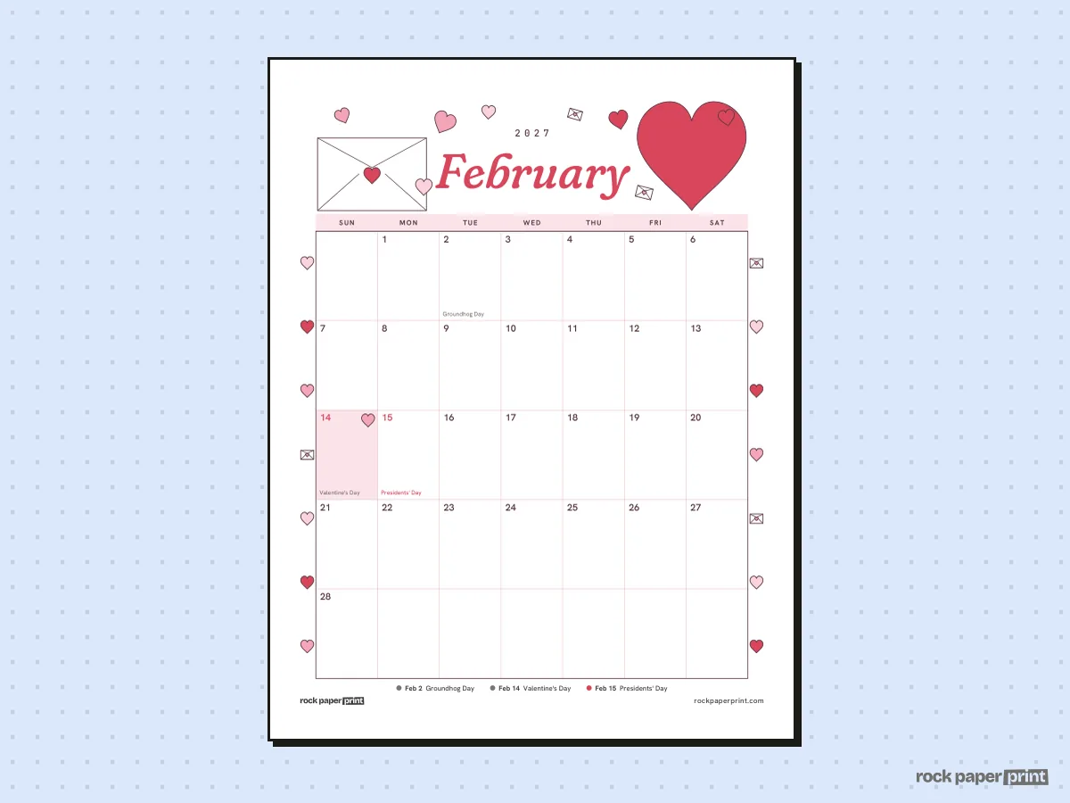 February 2027 Calendar with Holidays, Valentine's Day, printable PDF preview