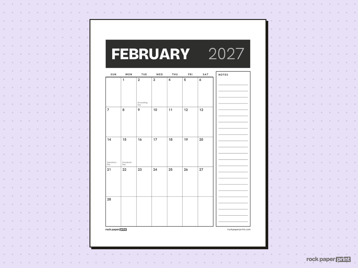 February 2027 Calendar with Notes, Bold header, printable PDF preview