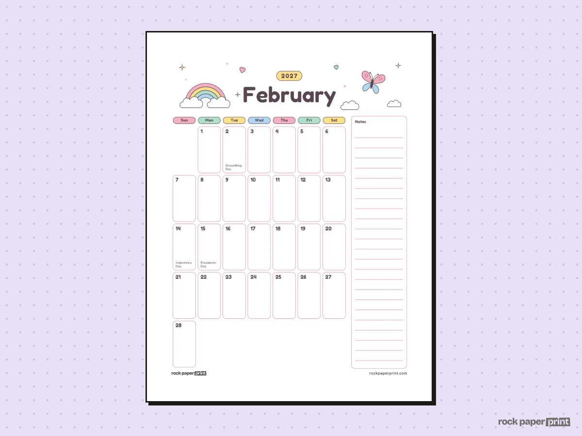 February 2027 Calendar with Notes, Cute, printable PDF preview