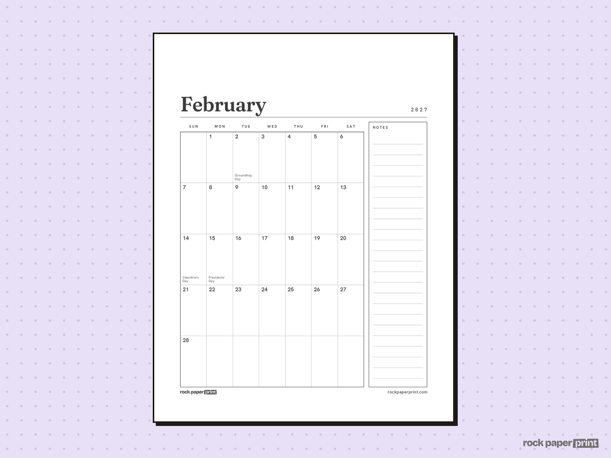 February 2027 Calendar with Notes, Plain, printable PDF preview