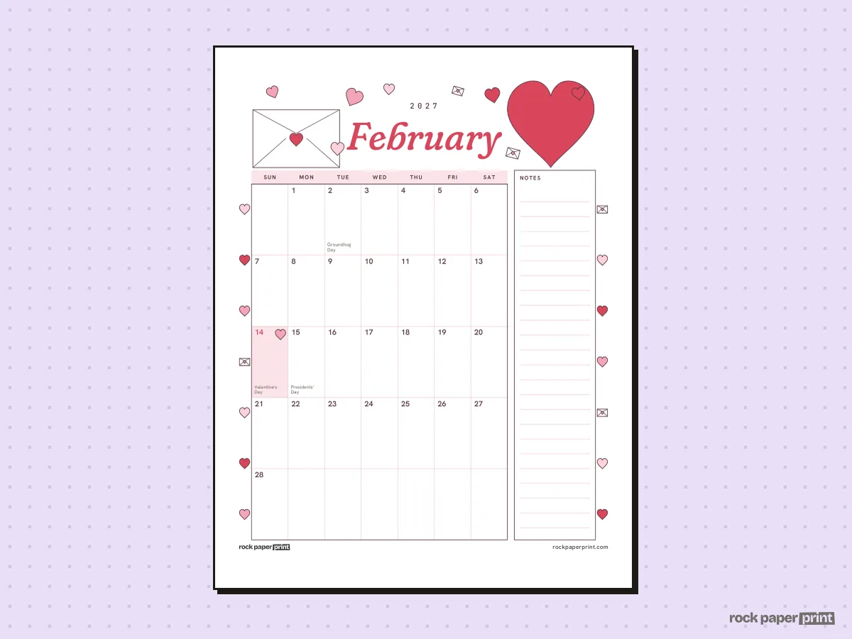 February 2027 Calendar with Notes, Valentine's Day, printable PDF preview