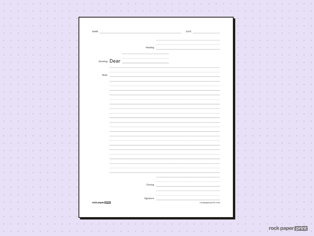 Friendly Letter Template, black lines, printable PDF preview