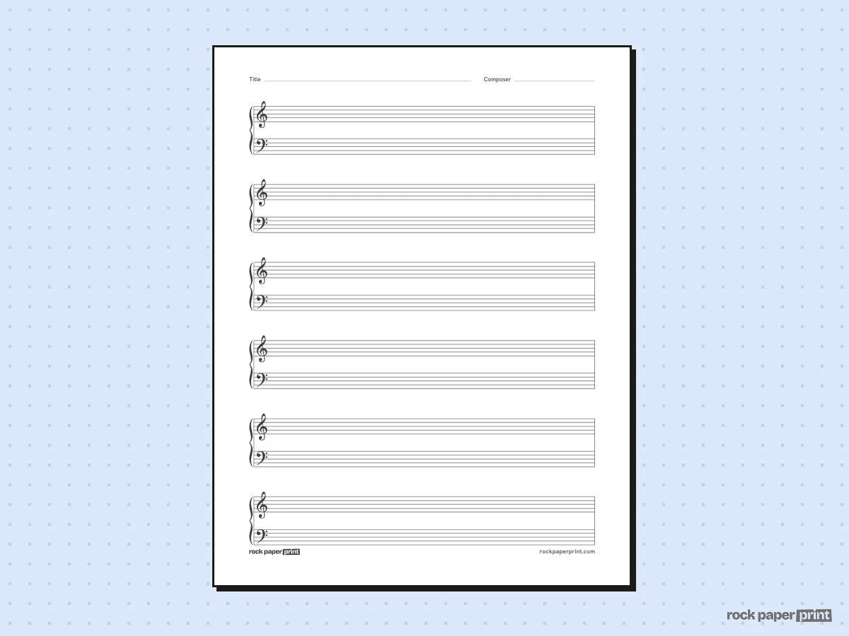 Grand Staff Paper (Piano), black lines, printable PDF preview