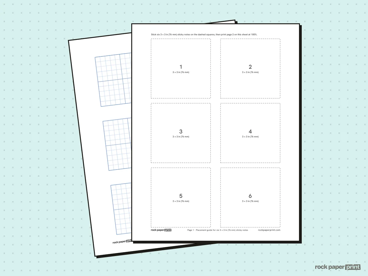 Graph Paper Sticky Note Template, blue lines, printable PDF preview